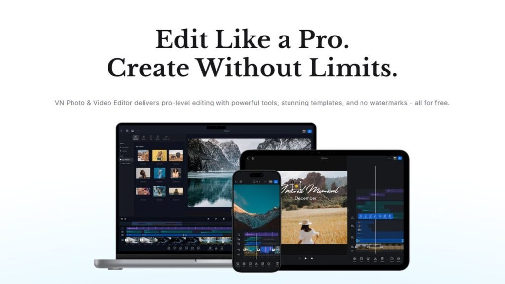 VN Video Editor website showing the free editor on a laptop, tablet and phone, a no-watermark pick among the best free video editing apps